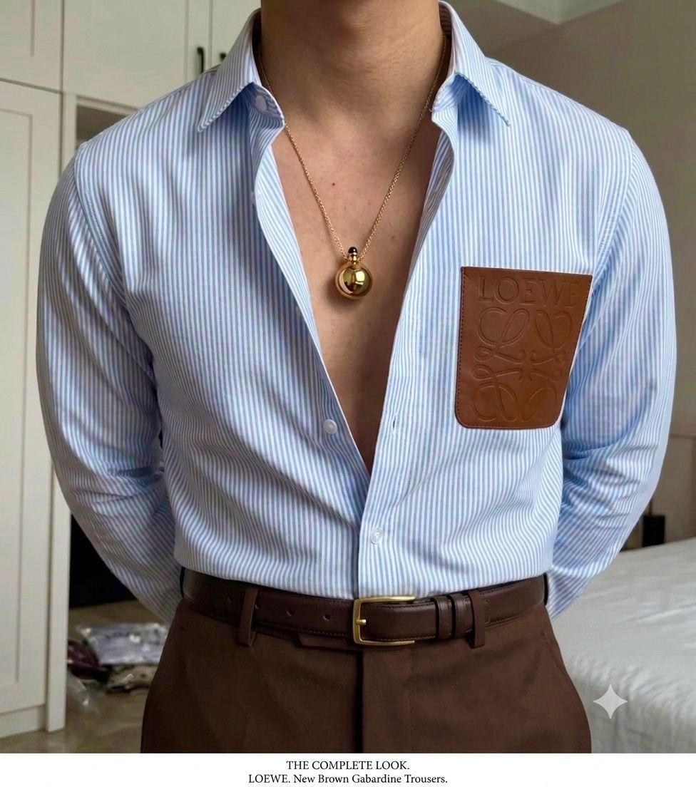 Premium Striped Leather Patch Casual Shirt