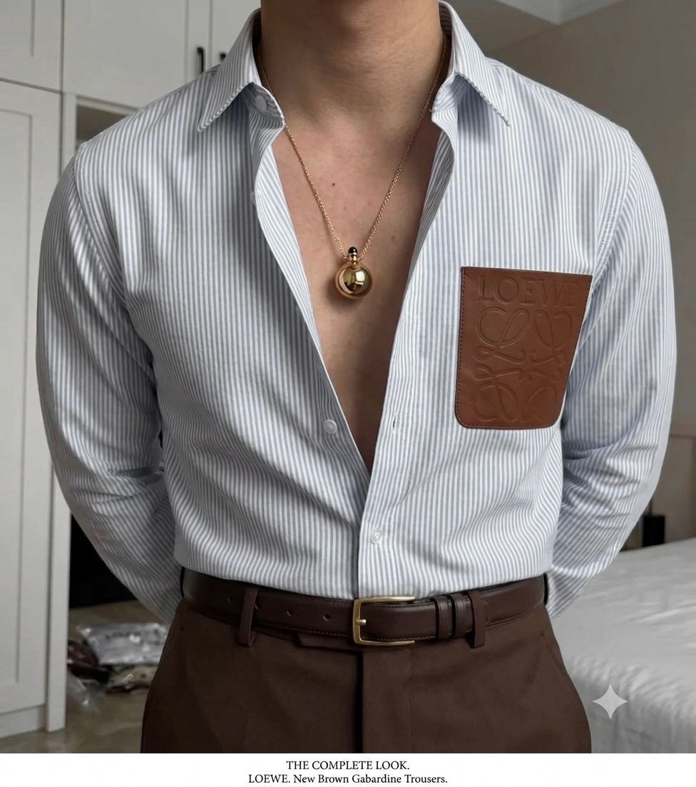 Premium Striped Leather Patch Casual Shirt